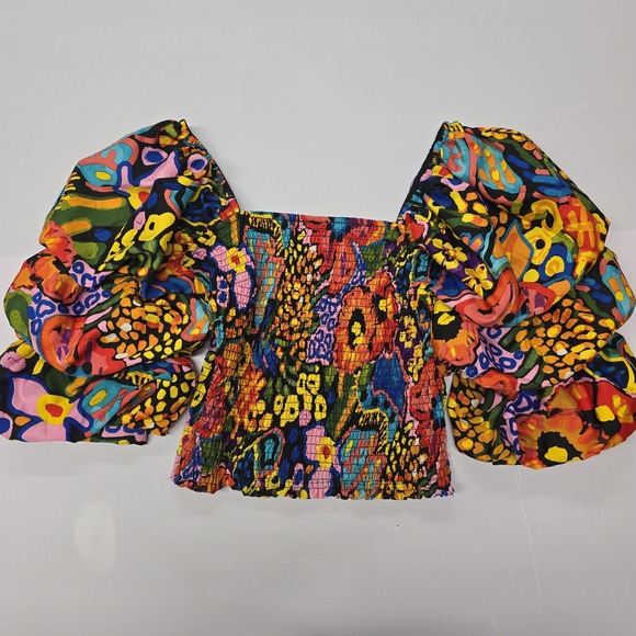 Live 4 Truth Tops - Live 4 Truth Smocked Puff Sleeve Square Neck Crop Top Abstract Print Size M